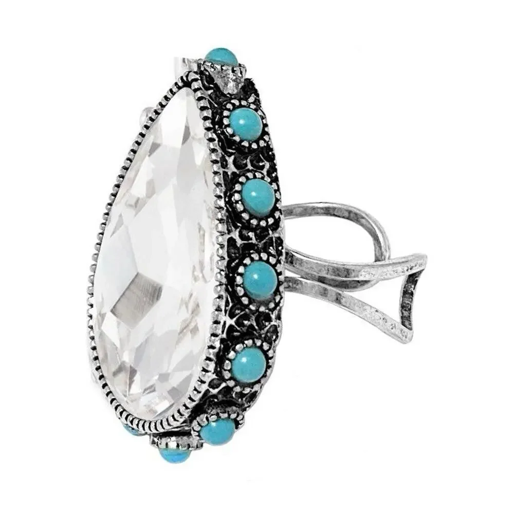 🇺🇸 Teardrop Crystal Statement Ring with Turquoise Bead Accents